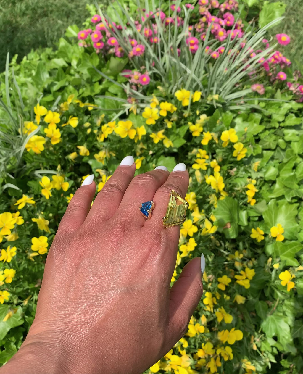 lab-created Lemon quartz and Swiss blue topaz ring